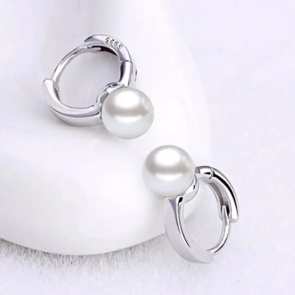 925 Sterling Silver Huggie Hoop Pearl Earrings